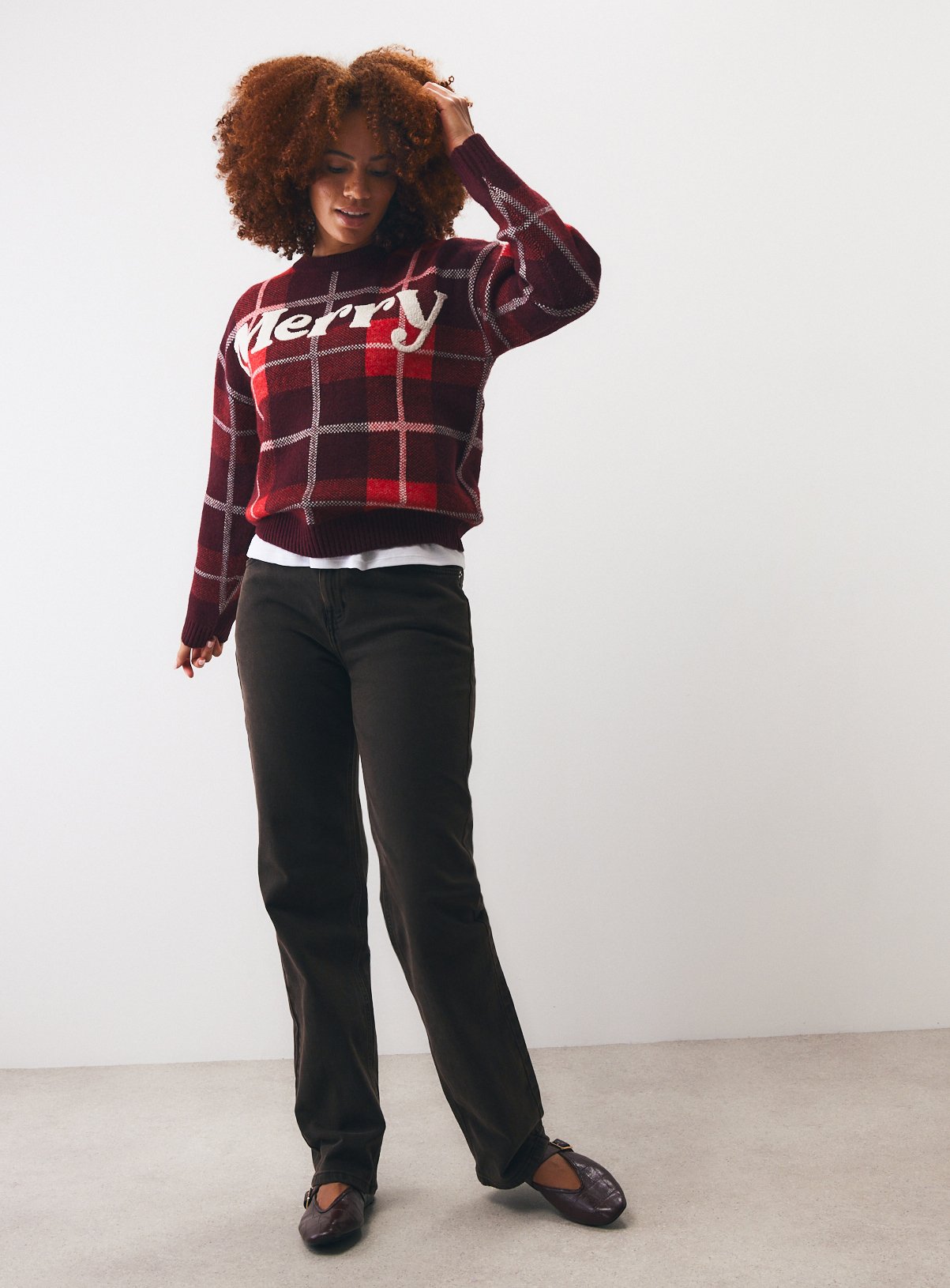 Family Matching Women's Red Tartan Merry Slogan Jumper L - Image 2 thumbnail